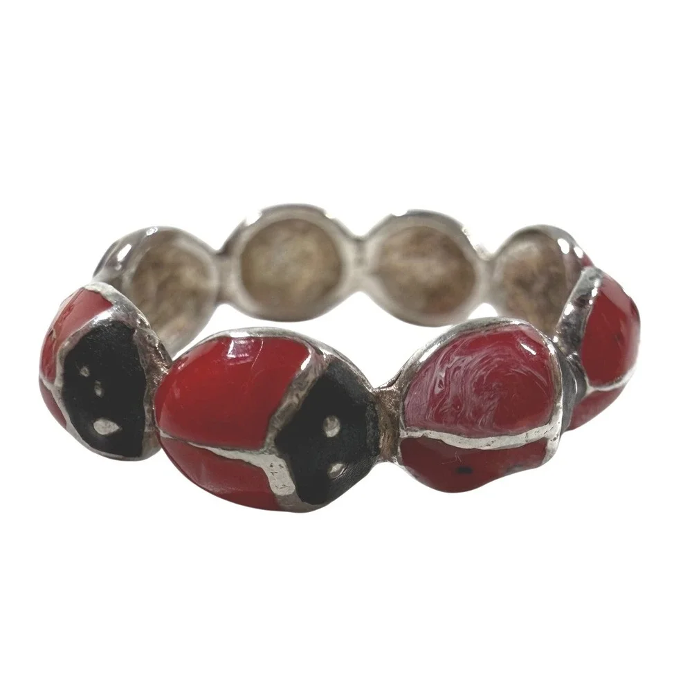 DELIAS Y2K 2000s Teen LADYBUG Red Black Enamel Band Ring Silver Tone Sz 5.25